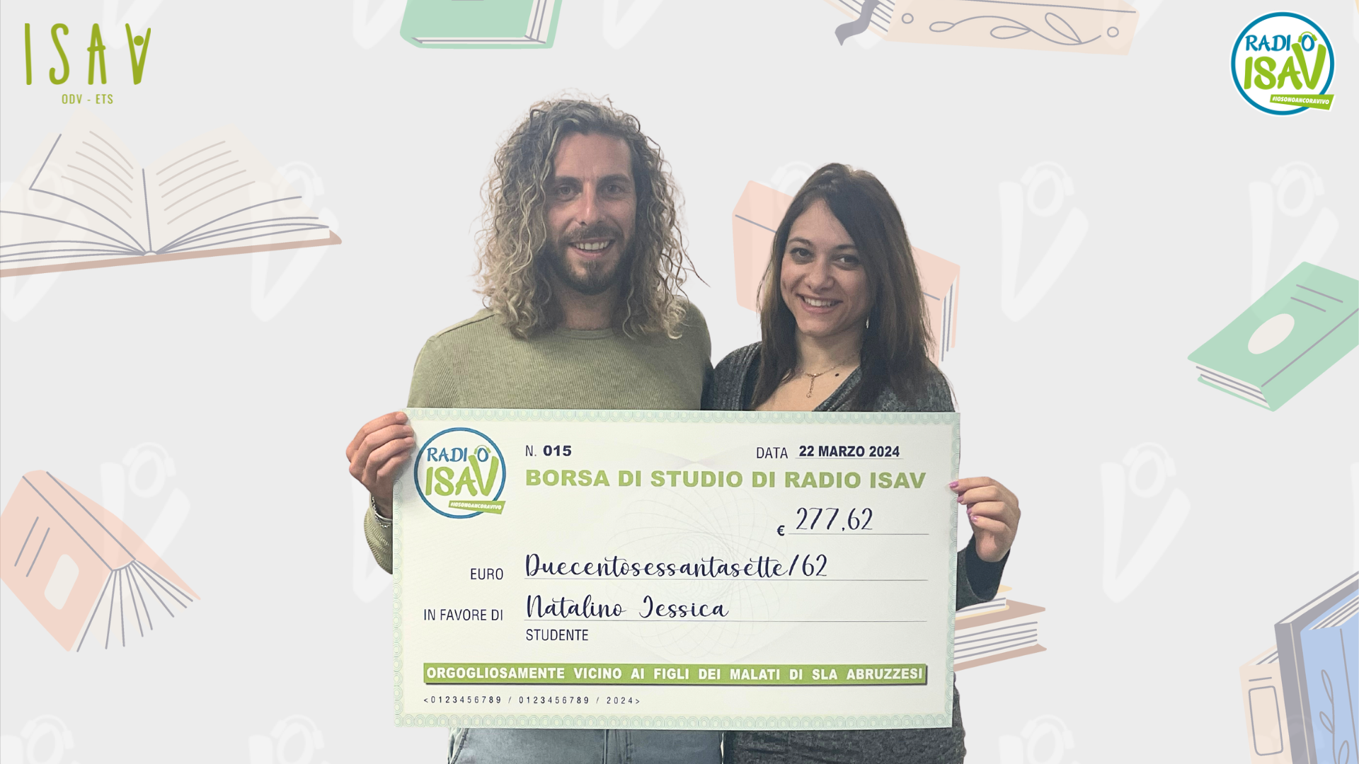 foto borsa di studio di Radio ISAV donata a Jessica figlia di Rocco Natalino morto a causa della SLA